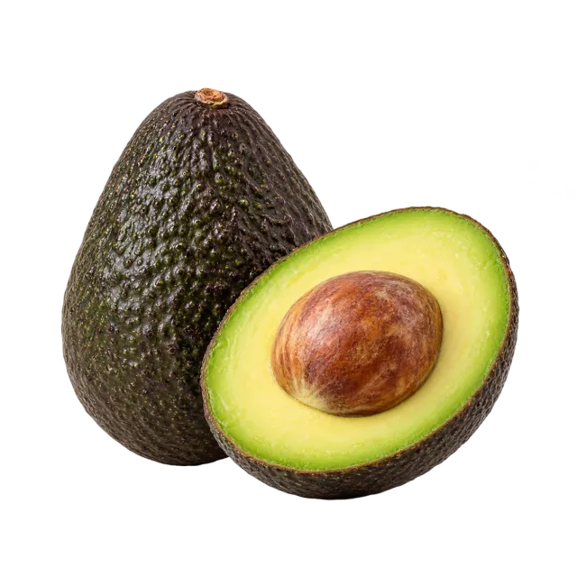 Whole and halved avocado on a yellow background with outline dog and cat icons; both species are rated suitable with limits