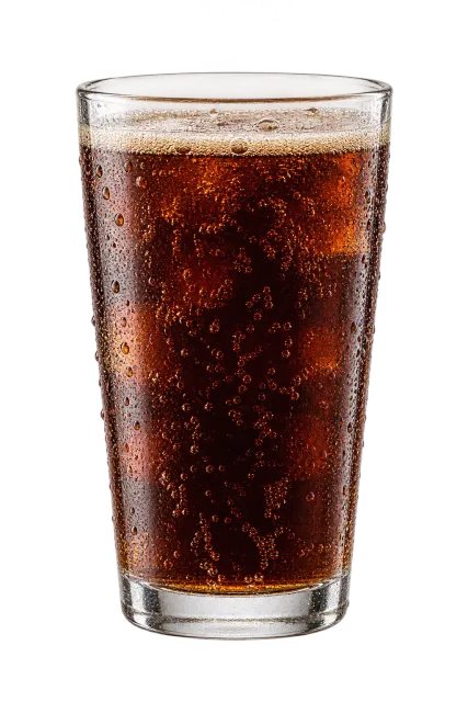 A glass of dark fizzy cola on yellow with dog and cat outlines: Coca-Cola is allowed only as a small accidental exposure with restrictions for both species.