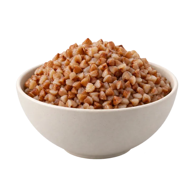 A bowl of cooked buckwheat on a background split between a red dog rating and a yellow cat rating, with outline icons for both species