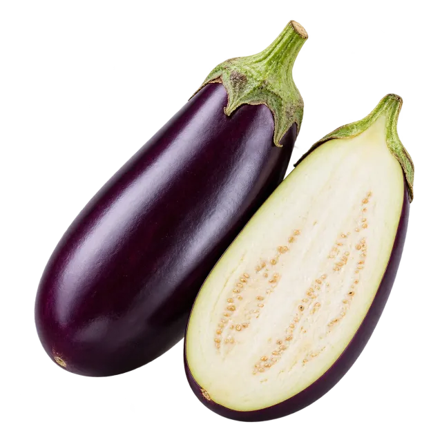 A whole eggplant and a half on a yellow background; restricted use for dogs and cats.