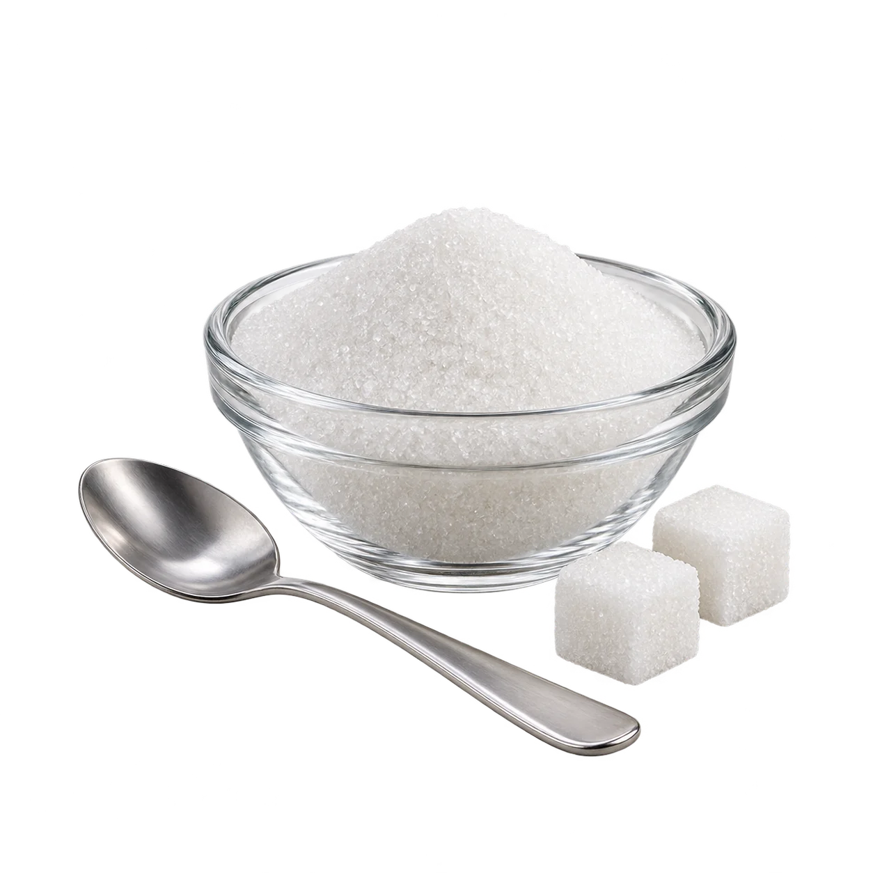 Стеклянная миска с белым сахаром, ложка и два кусочка сахара на жёлтом фоне