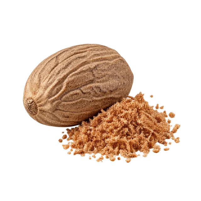 Целый и молотый мускатный орех на красном фоне с контурами собаки и кошки: специю давать нельзя