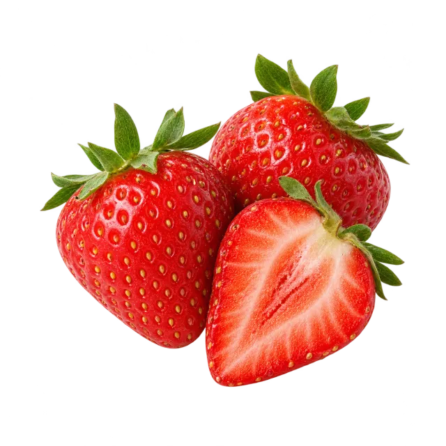 Two whole strawberries and a half on a green background with dog and cat outlines: a small plain serving is suitable for both species