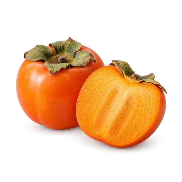 A whole persimmon and a seedless half on a yellow background: dogs and cats may have only a little with restrictions