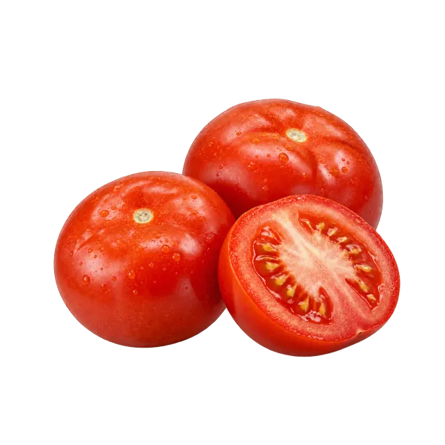 Whole and cut ripe tomatoes on a yellow background with dog and cat outlines