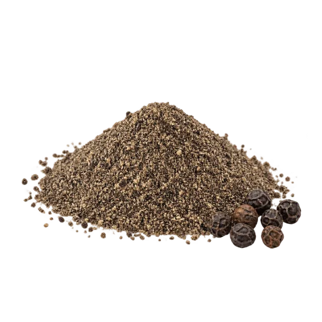 A mound of ground black pepper and peppercorns on yellow with dog and cat outlines: pepper is allowed only with restrictions for both species.