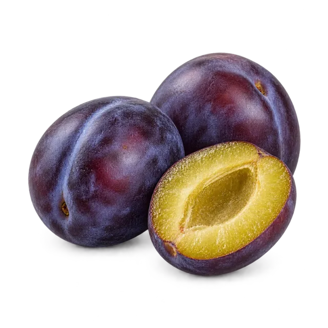 Whole purple plums and a pitted half on a yellow background with dog and cat outlines