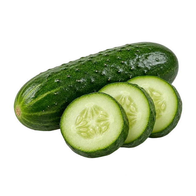 A whole fresh cucumber and three slices on a green background: fresh cucumber is suitable for dogs and cats in small pieces