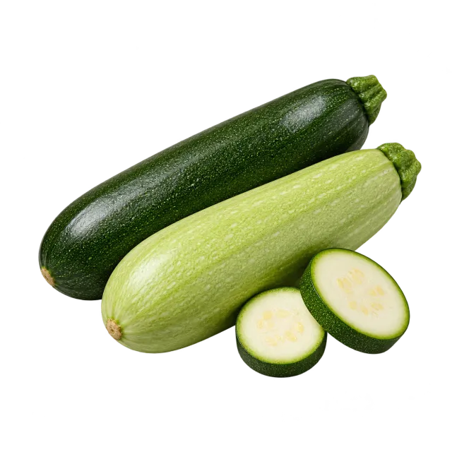 A pale courgette, dark zucchini and two slices on a green background with dog and cat icons: plain zucchini is suitable in small amounts.