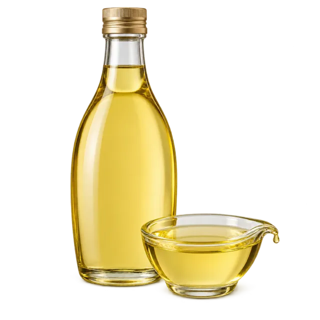 A bottle and small glass bowl of vegetable oil on a yellow background with dog and cat icons: suitable for both species only with restrictions