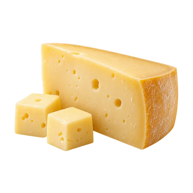 A wedge of plain cheese and two cubes on a yellow background with dog and cat icons; suitable with limits for both species.