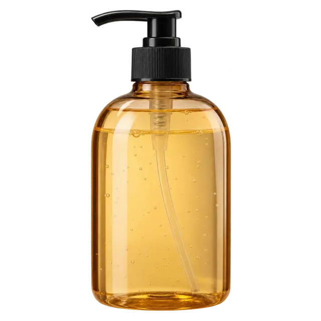A clear pump bottle of liquid soap on a red background with dog and cat outlines: the product is hazardous if swallowed