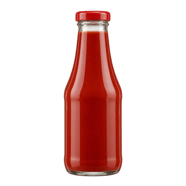 A glass bottle of red ketchup on a yellow background with dog and cat outlines