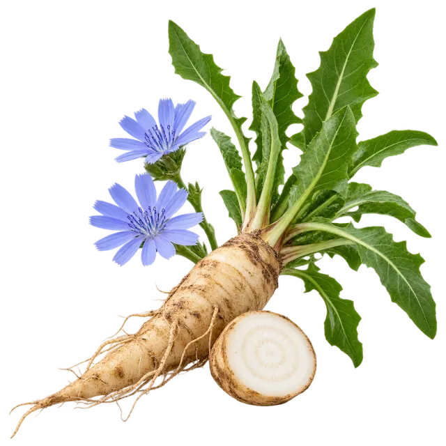 Chicory root with green leaves and blue flowers on yellow with dog and cat outlines: plain chicory is allowed with restrictions for both species.