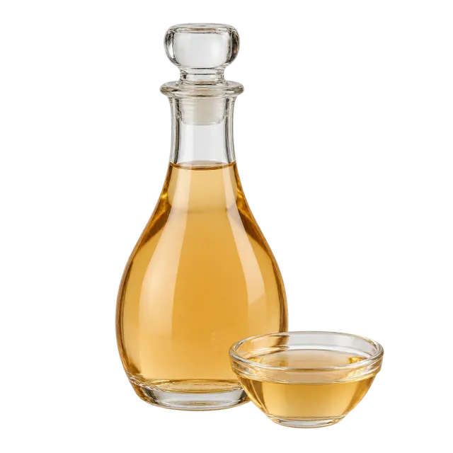 A clear bottle and small bowl of culinary vinegar on a yellow background with dog and cat outlines; the main rating for both species calls for caution.