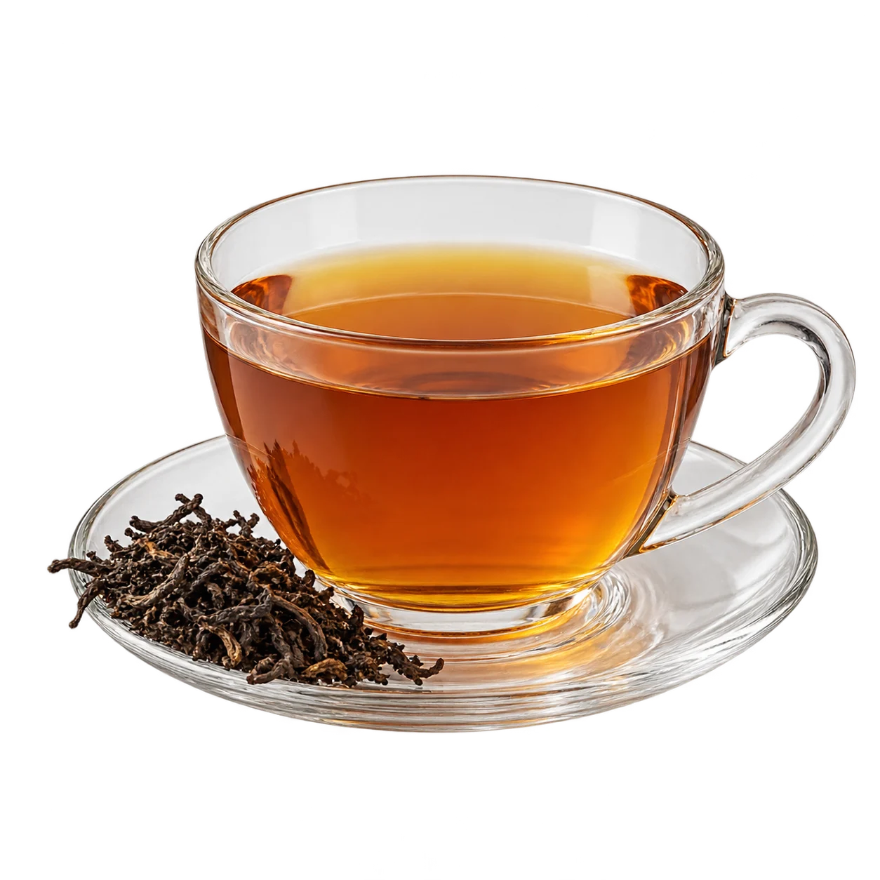 A glass cup of amber tea and dry tea leaves on a yellow background: tea is suitable for dogs and cats only with restrictions