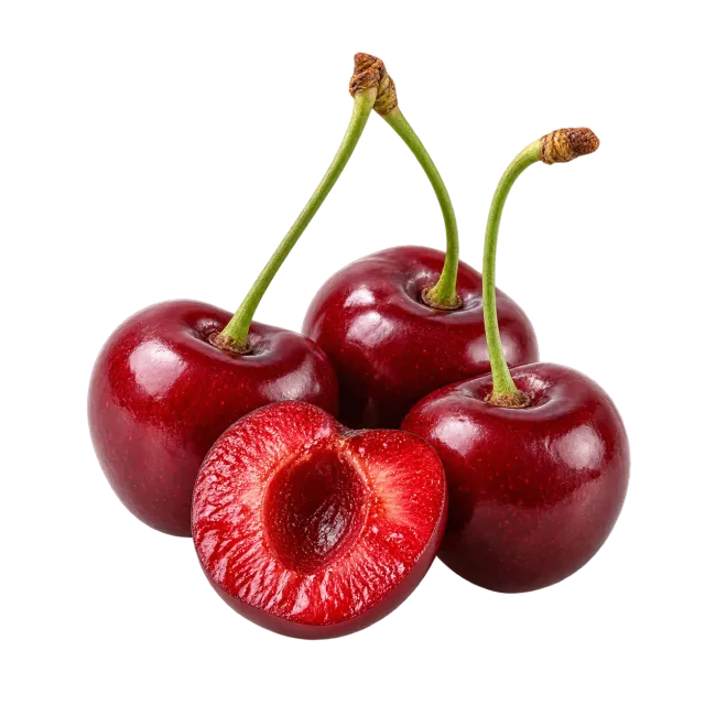 Three ripe red cherries and a pitted half on a yellow background with dog and cat outlines
