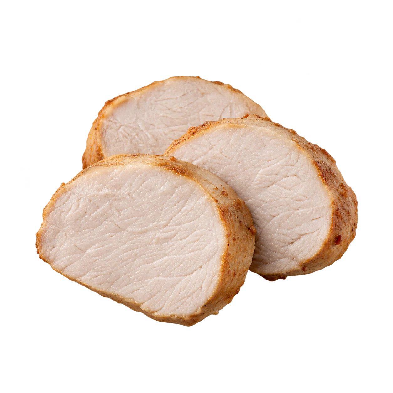 Three slices of cooked lean pork on a yellow background with dog and cat outlines