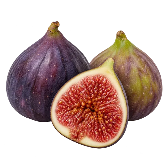 Two whole ripe figs and a half with red flesh on a yellow background; a dog outline at top left and a cat at bottom right. Allowed with restrictions for both species.