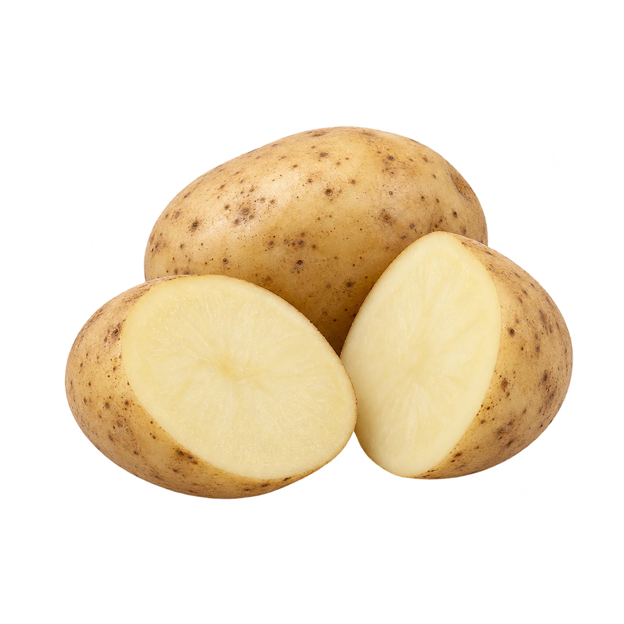 Whole and cut potatoes on a yellow background