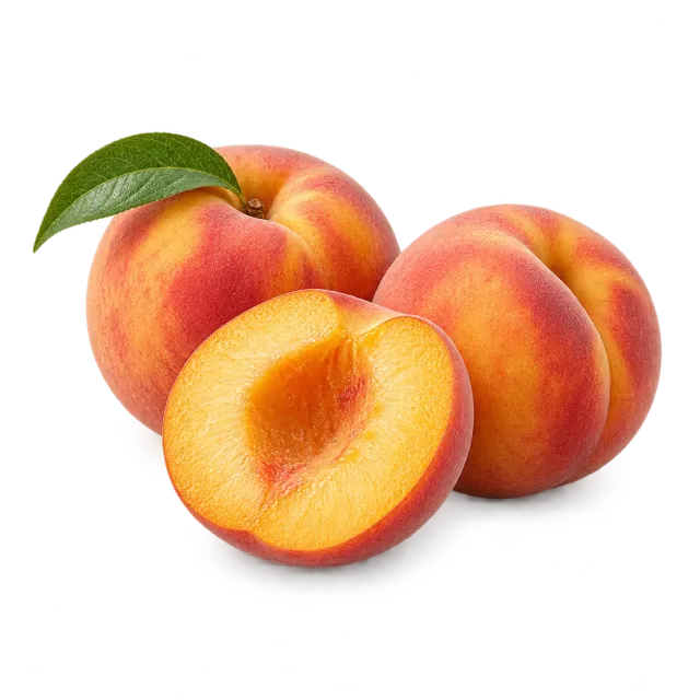 Ripe peaches and a pitted half on a yellow background with dog and cat icons: a little flesh is acceptable, while the pit and tree parts are dangerous