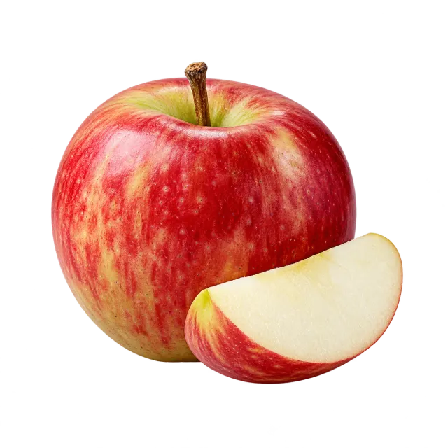 A whole red-yellow apple and a wedge on a yellow background with dog and cat outlines: suitable for both species only after preparation and with restrictions