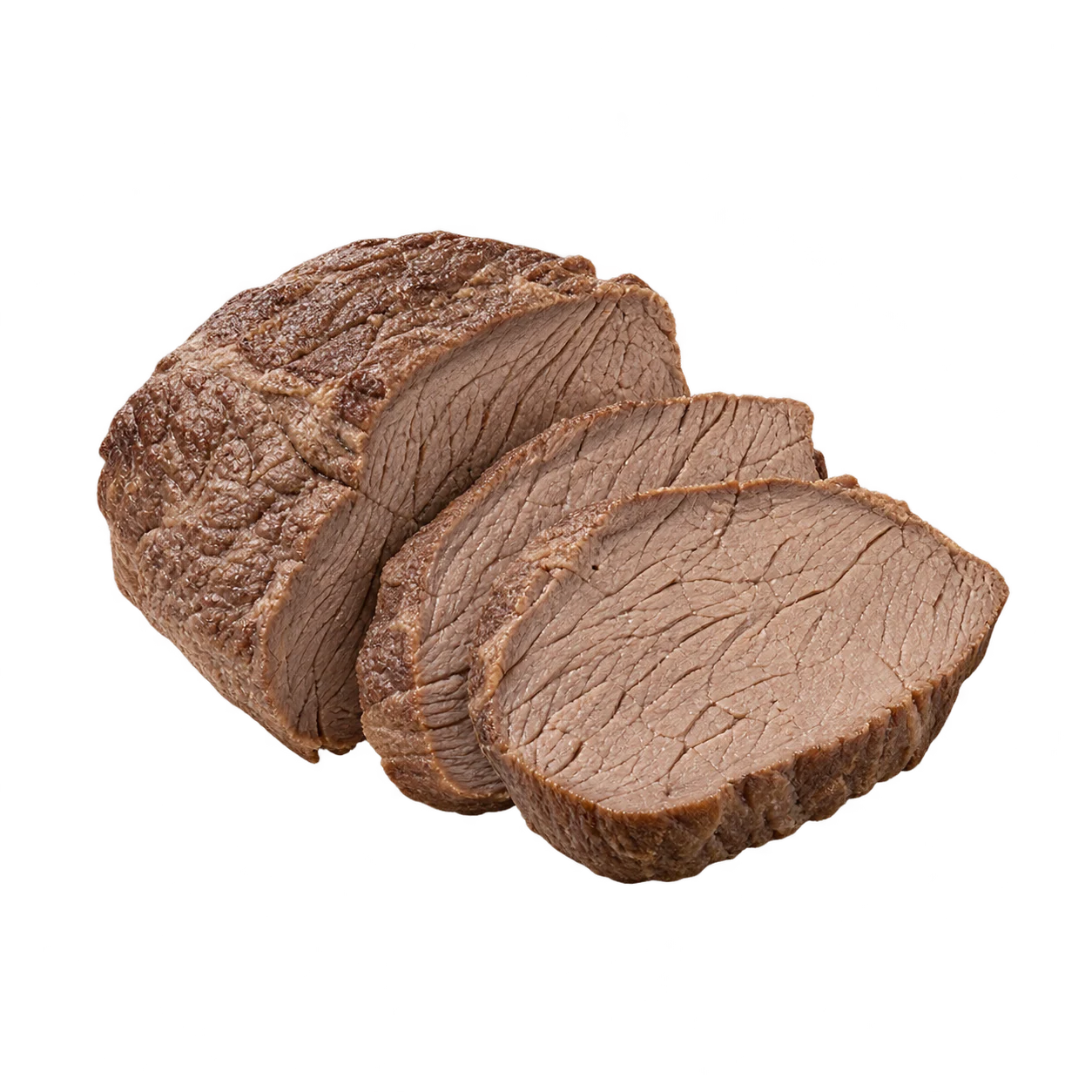 Sliced lean cooked beef on a green background: a small boneless, unseasoned portion is suitable for dogs and cats