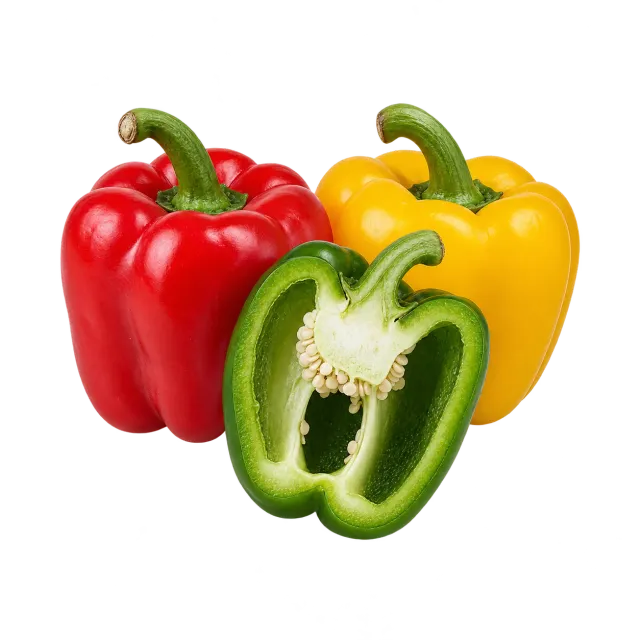 Red, yellow and halved green sweet bell peppers on a yellow background with dog and cat outline icons; the food is suitable with restrictions for both species